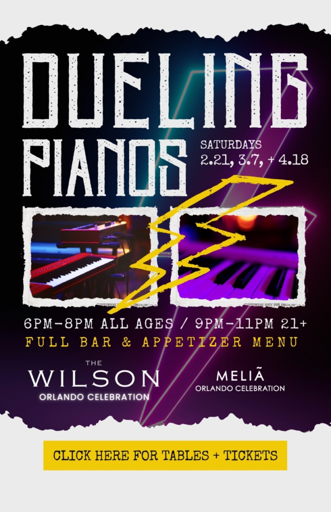 Dueling Pianos - Saturdays 2.21, 3.7, and 4.18; 6pm-8pm all ages, 9pm-11pm 21+; full bar and appetizer menu, CLICK HERE FOR TABLES AND TICKETS! 